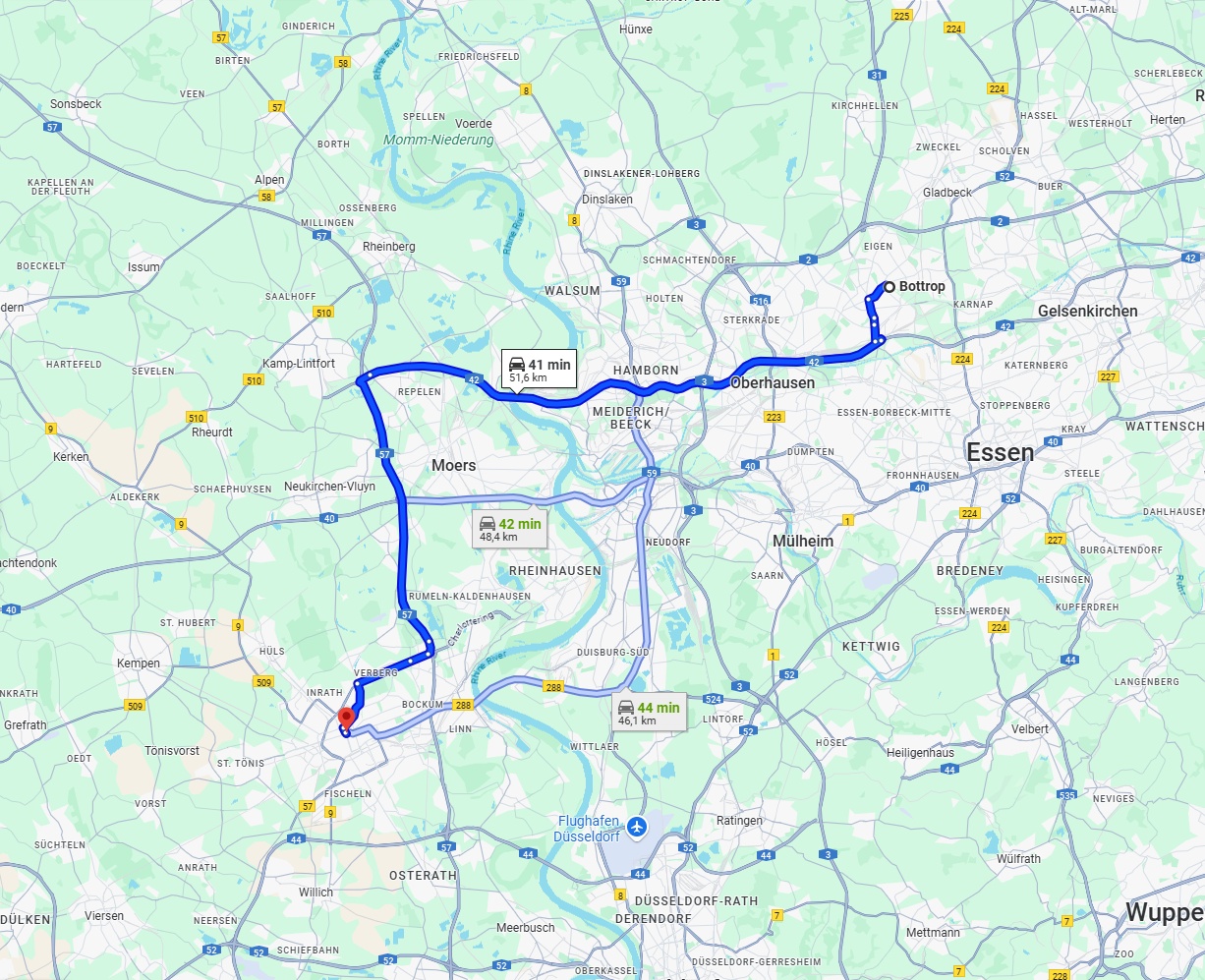 Anreise von Bottrop Zu Krefeld Über via A42 and A57