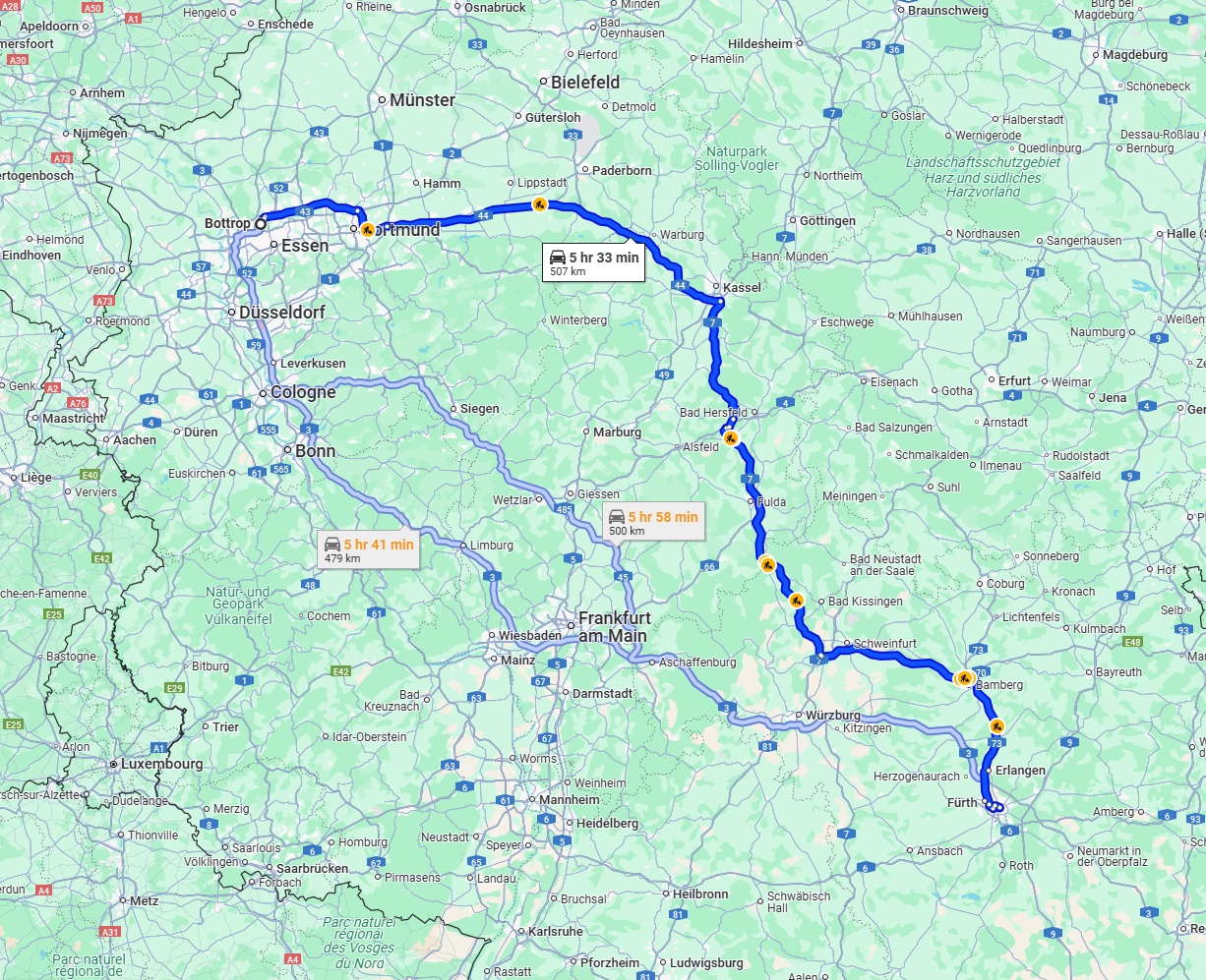 Anreise von Bottrop Zu Nürnberg Über via A44 and A7