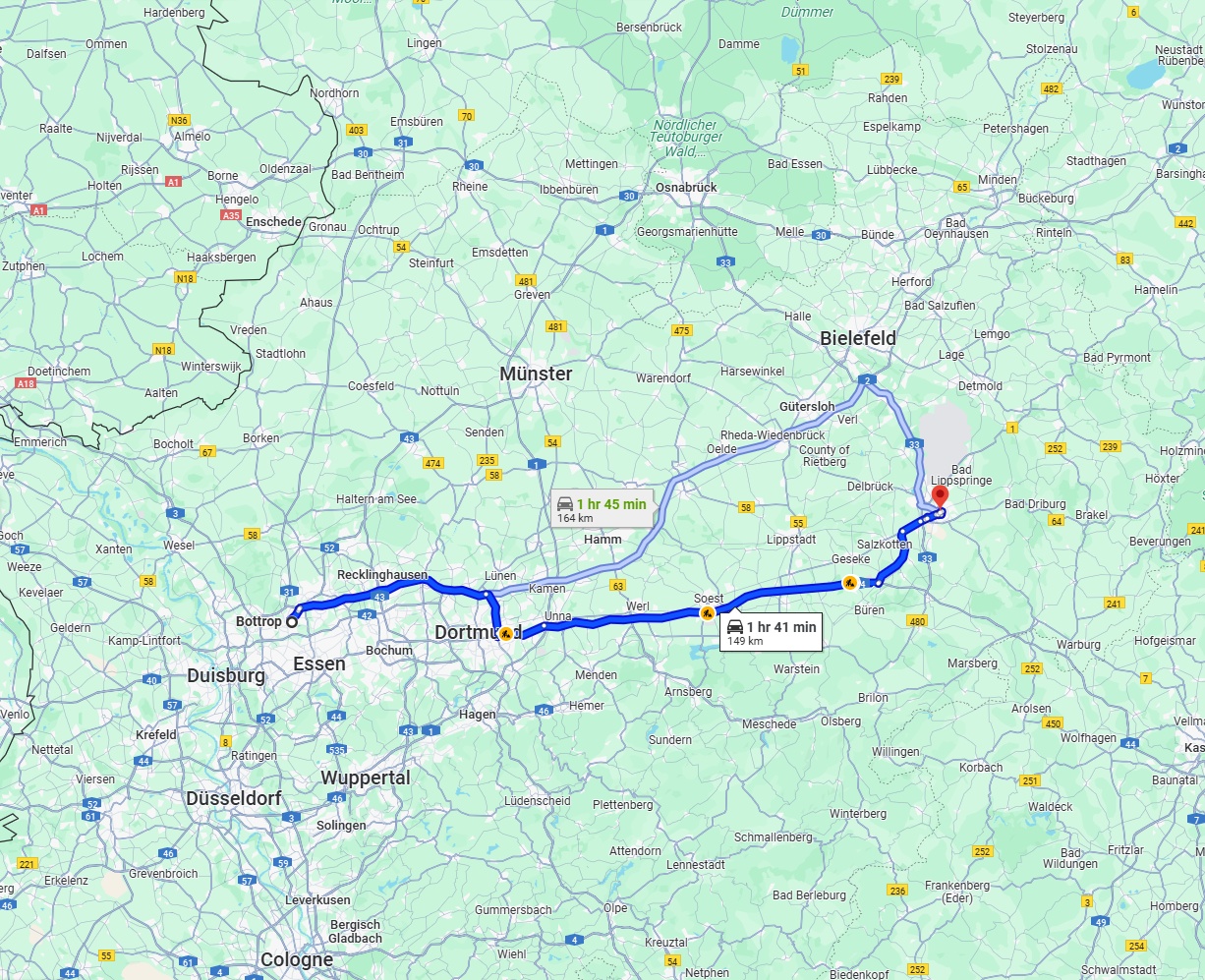 Anreise von Bottrop Zu Paderborn Über via A2 and A44