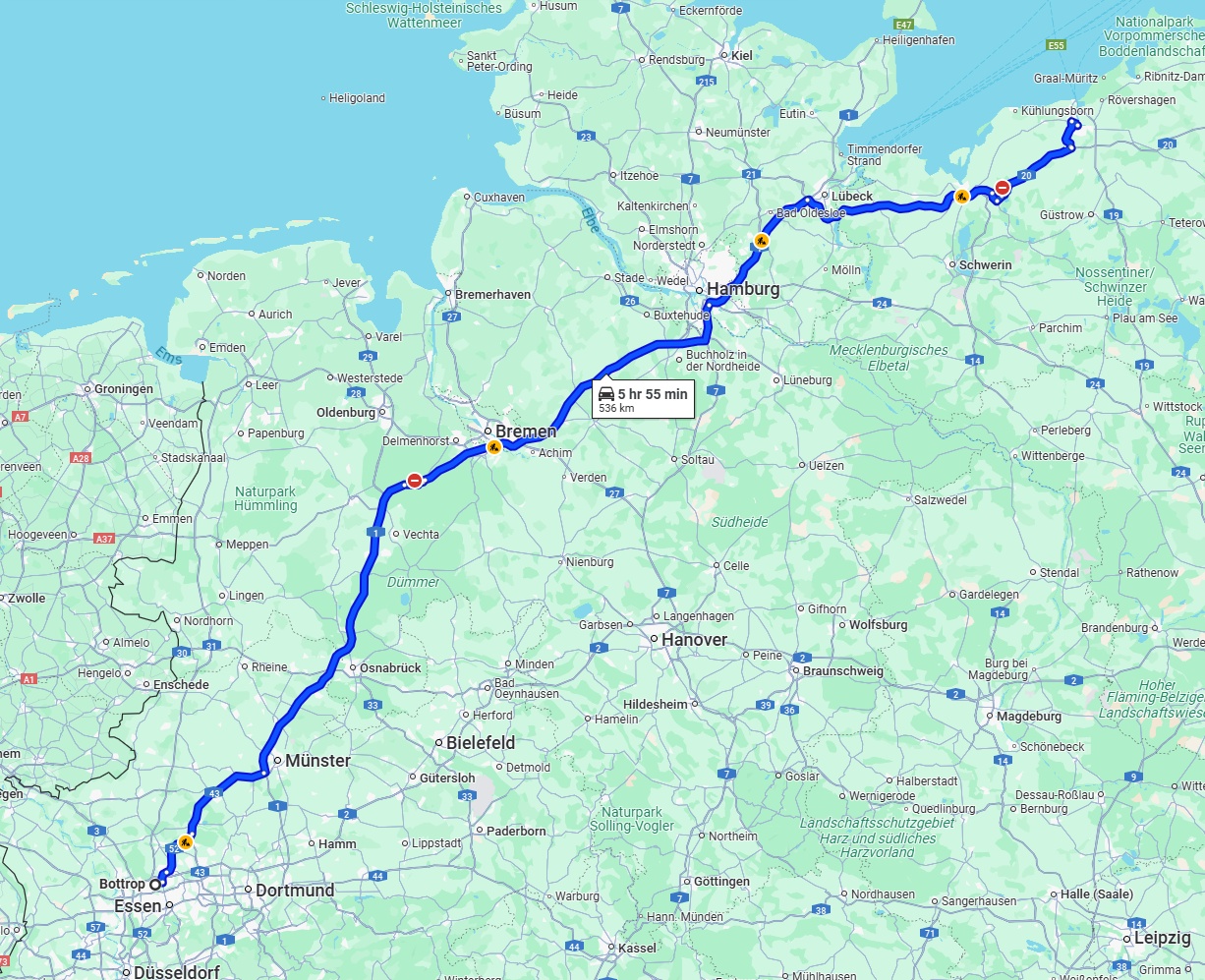 Anreise von Bottrop Zu Rostock Über via A1
