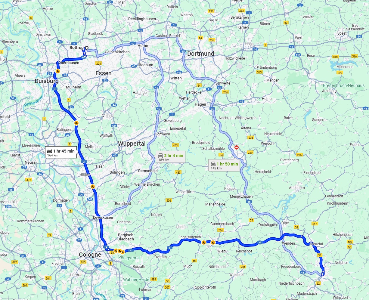 Anreise von Bottrop Zu Siegen Über via A3 and A4