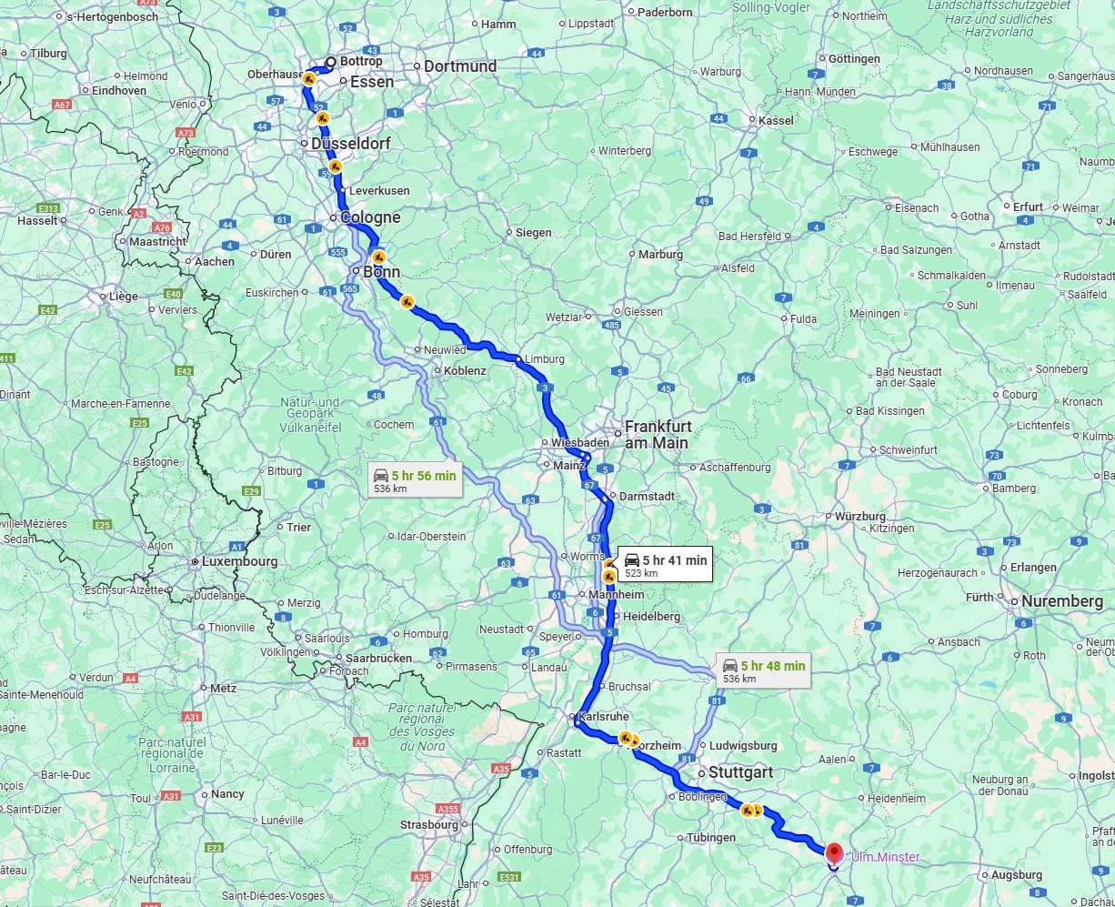 Anreise von Bottrop Zu Ulm Über via A3 and A8
