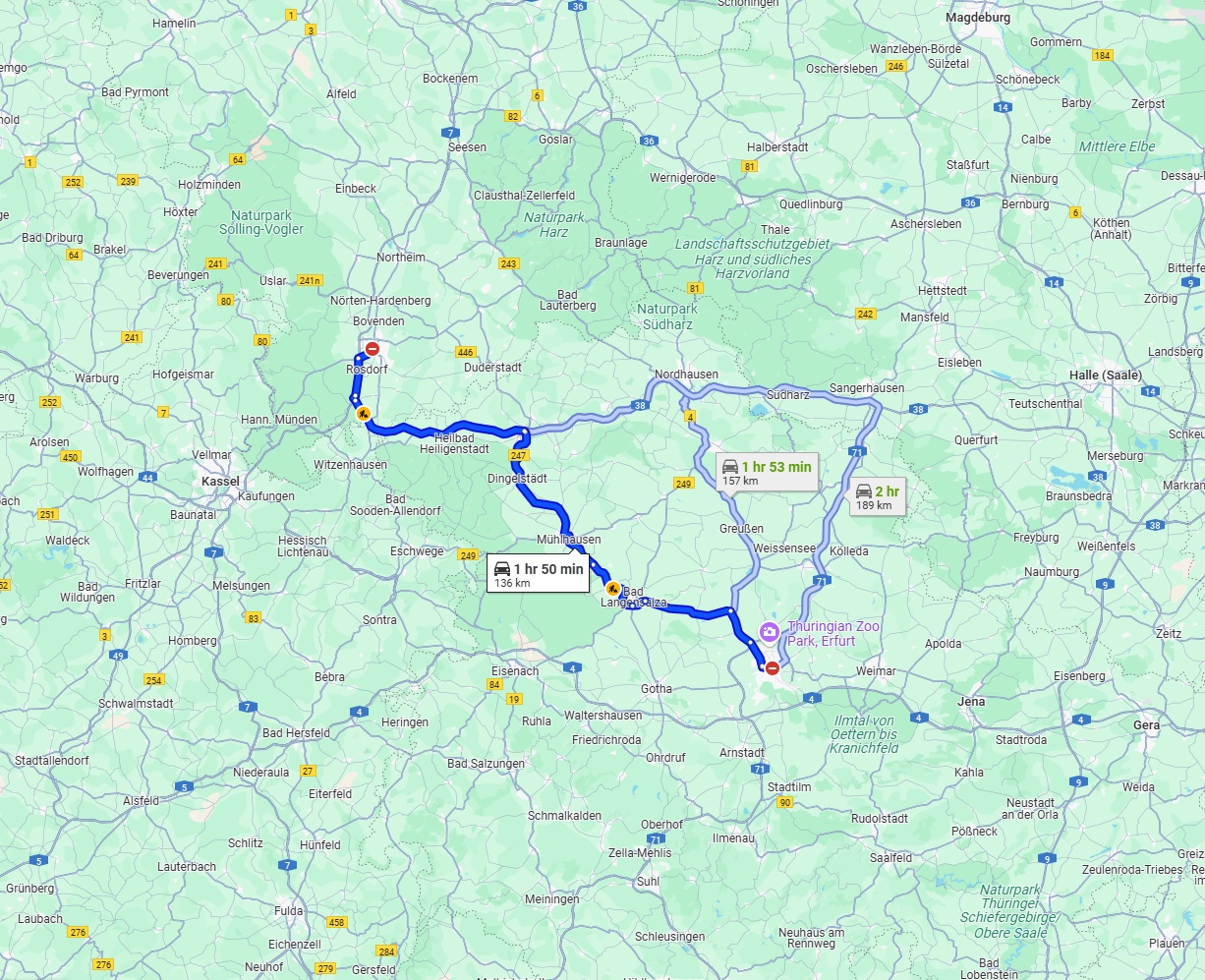 Anreise von Göttingen Zu Erfurt Über via A38 and B247