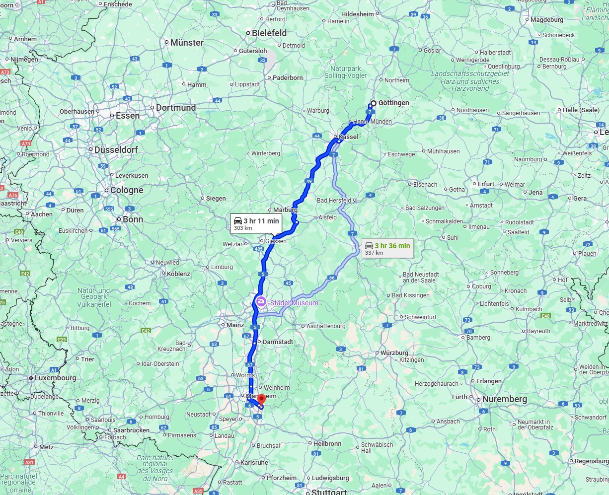 Anreise von Göttingen Zu Heidelberg Über via A49 and A5