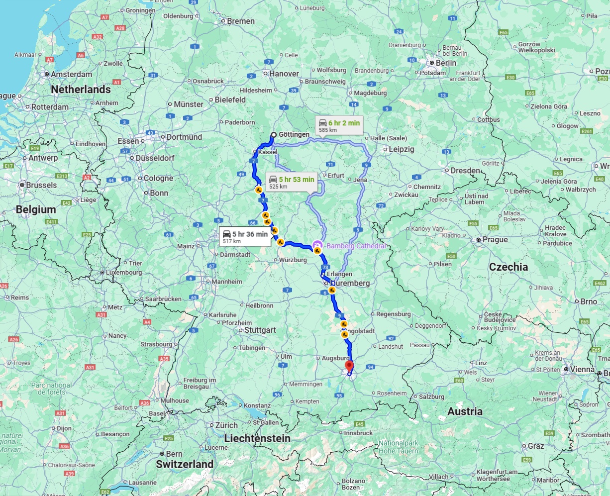 Anreise von Göttingen Zu München Über via A7 and A9