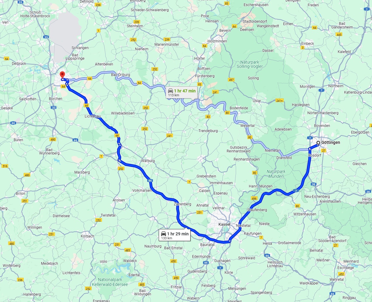 Anreise von Göttingen Zu Paderborn Über via A7 and A44