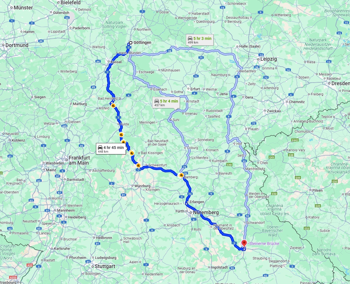 Anreise von Göttingen Zu Regensburg Über via A7 and A3
