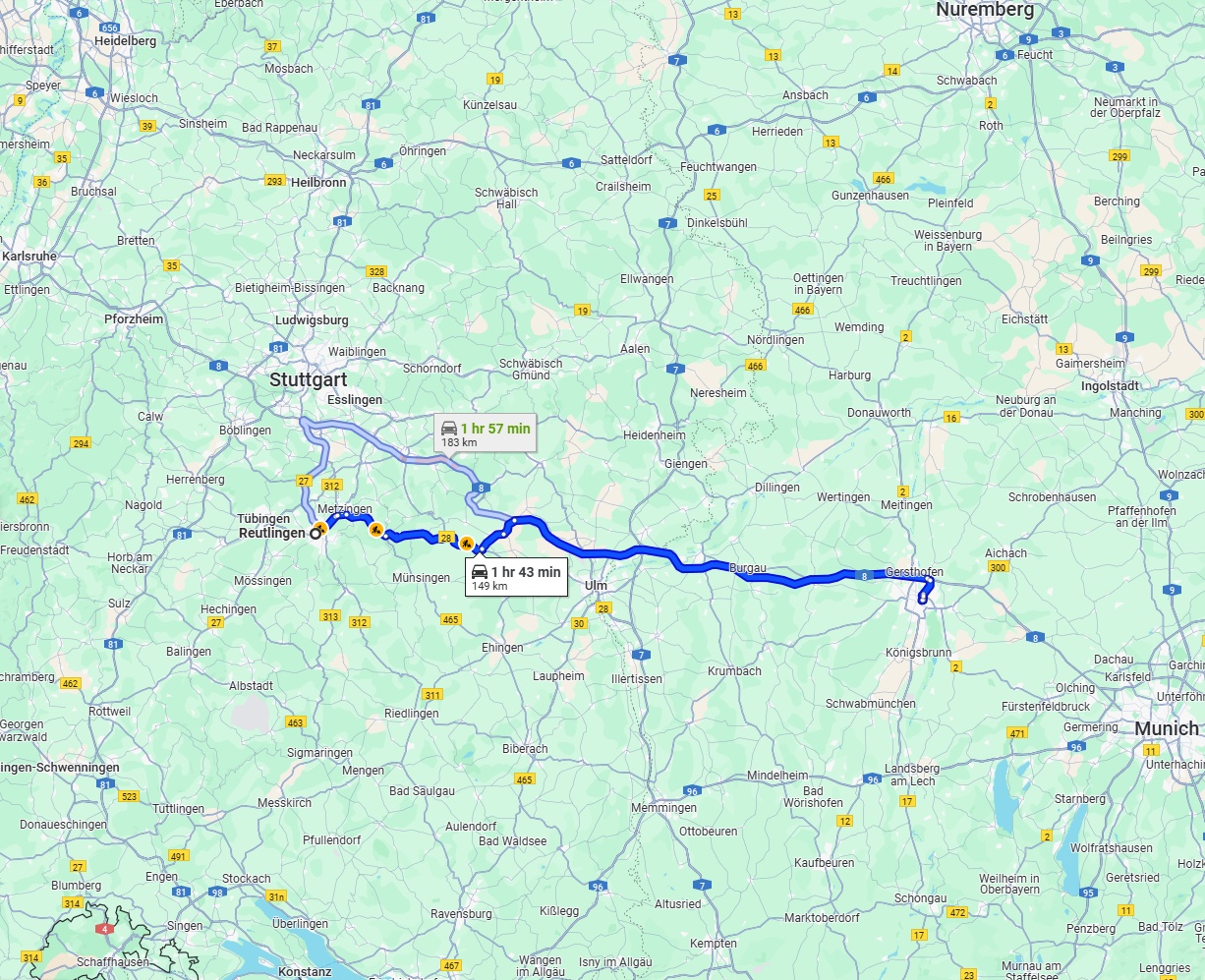 Anreise von Reutlingen Zu Augsburg Über via B28 and A8