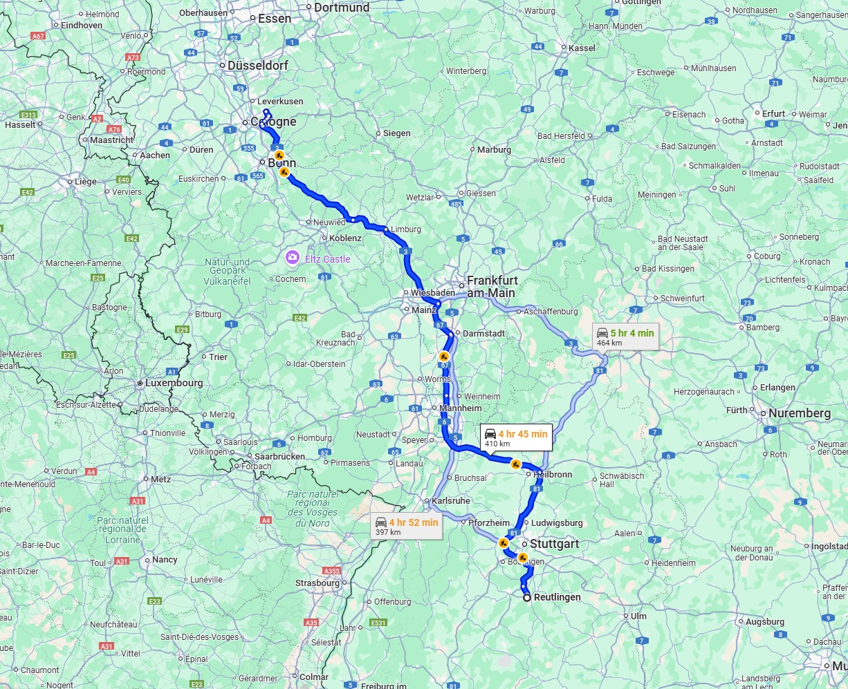 Anreise von Reutlingen Zu Bergisch Gladbach Über via A3