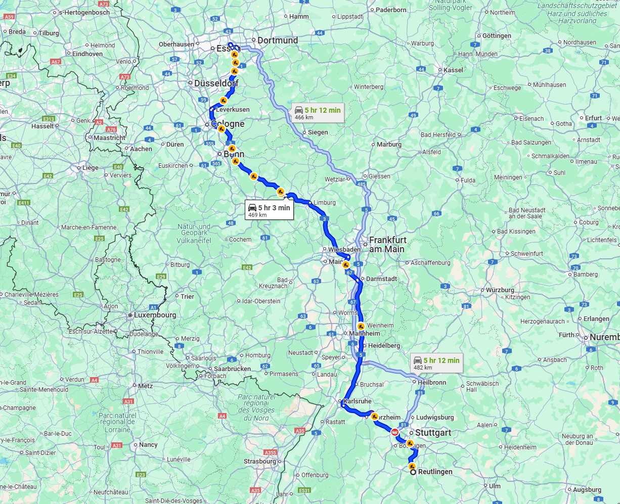 Anreise von Reutlingen Zu Bochum Über via A3