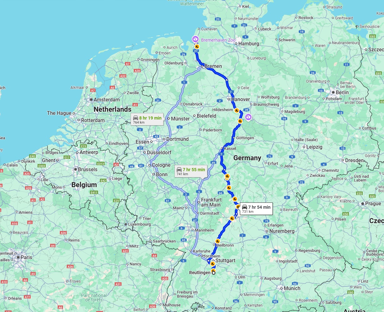 Anreise von Reutlingen Zu Bremerhaven Über via A7