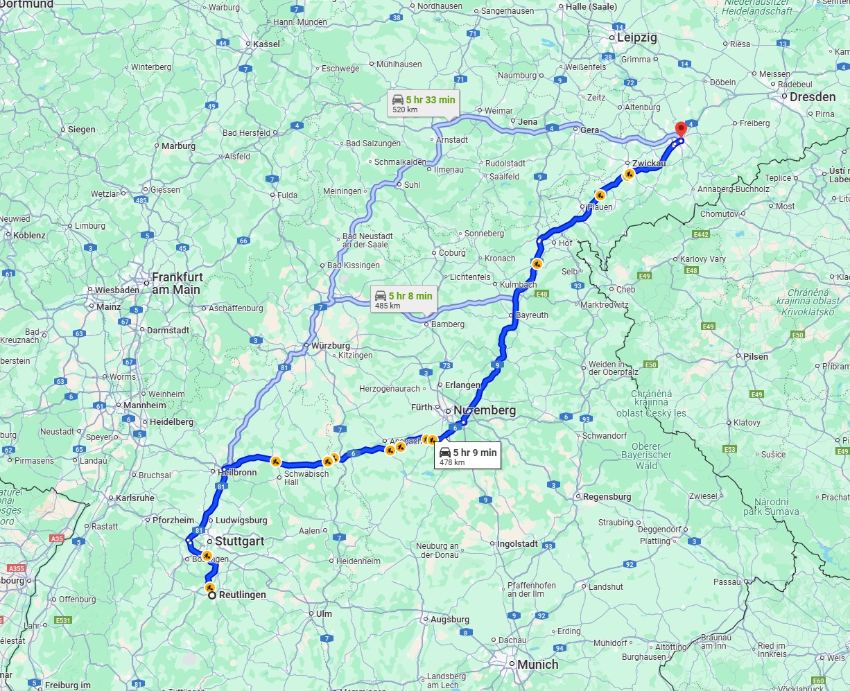 Anreise von Reutlingen Zu Chemnitz Über via A6 and A9