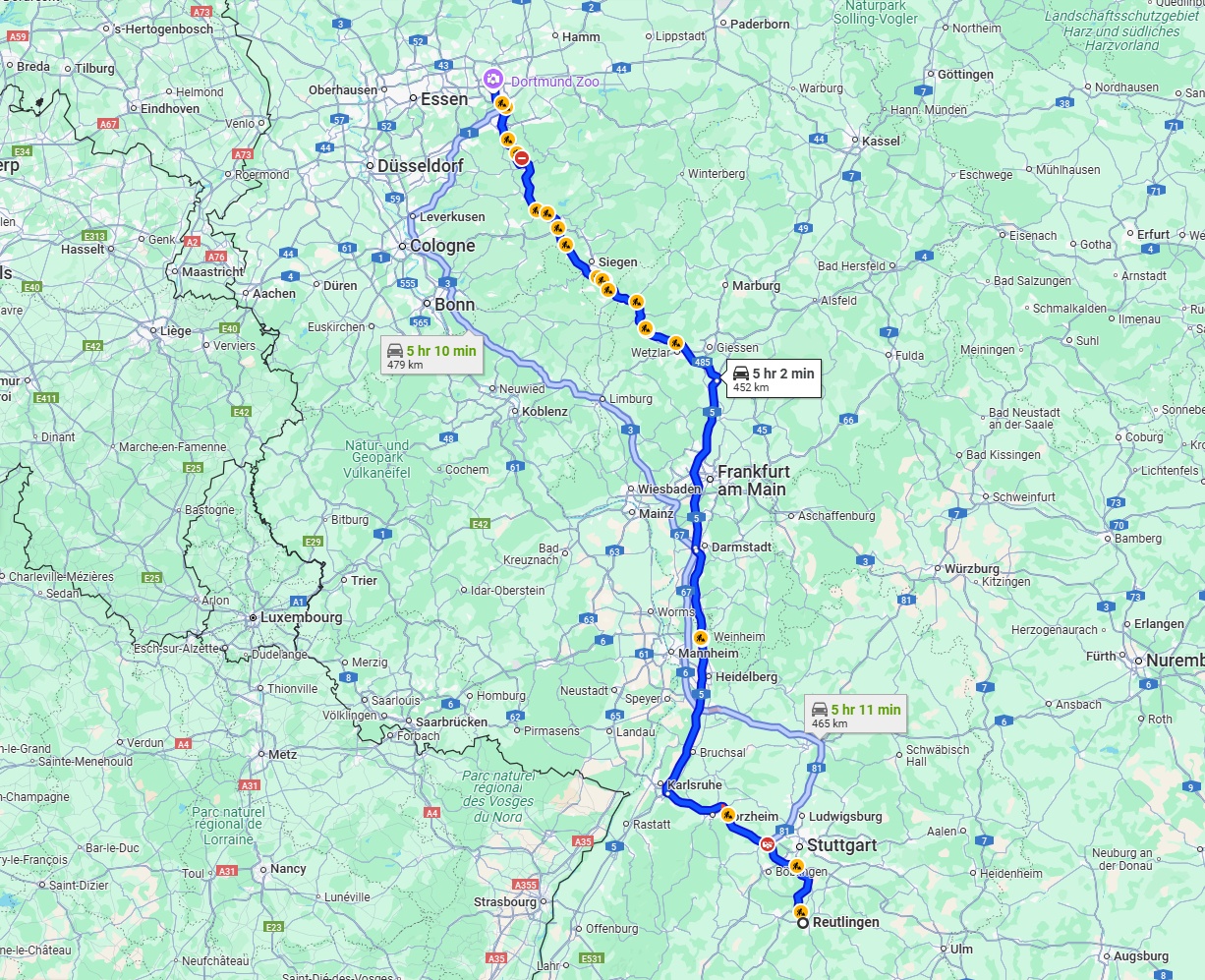 Anreise von Reutlingen Zu Dortmund Über via A5 and A45