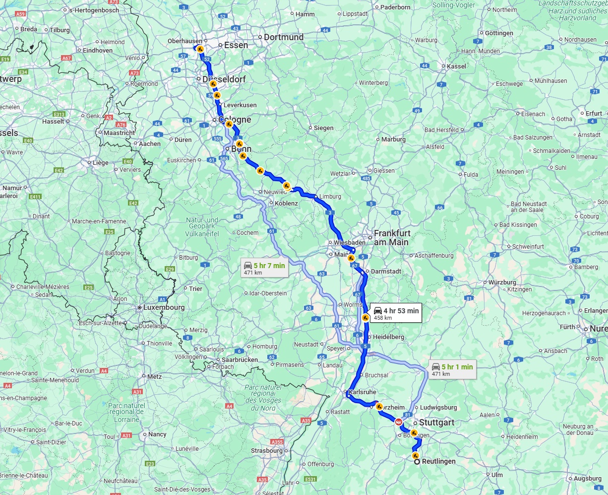 Anreise von Reutlingen Zu Duisburg Über via A3