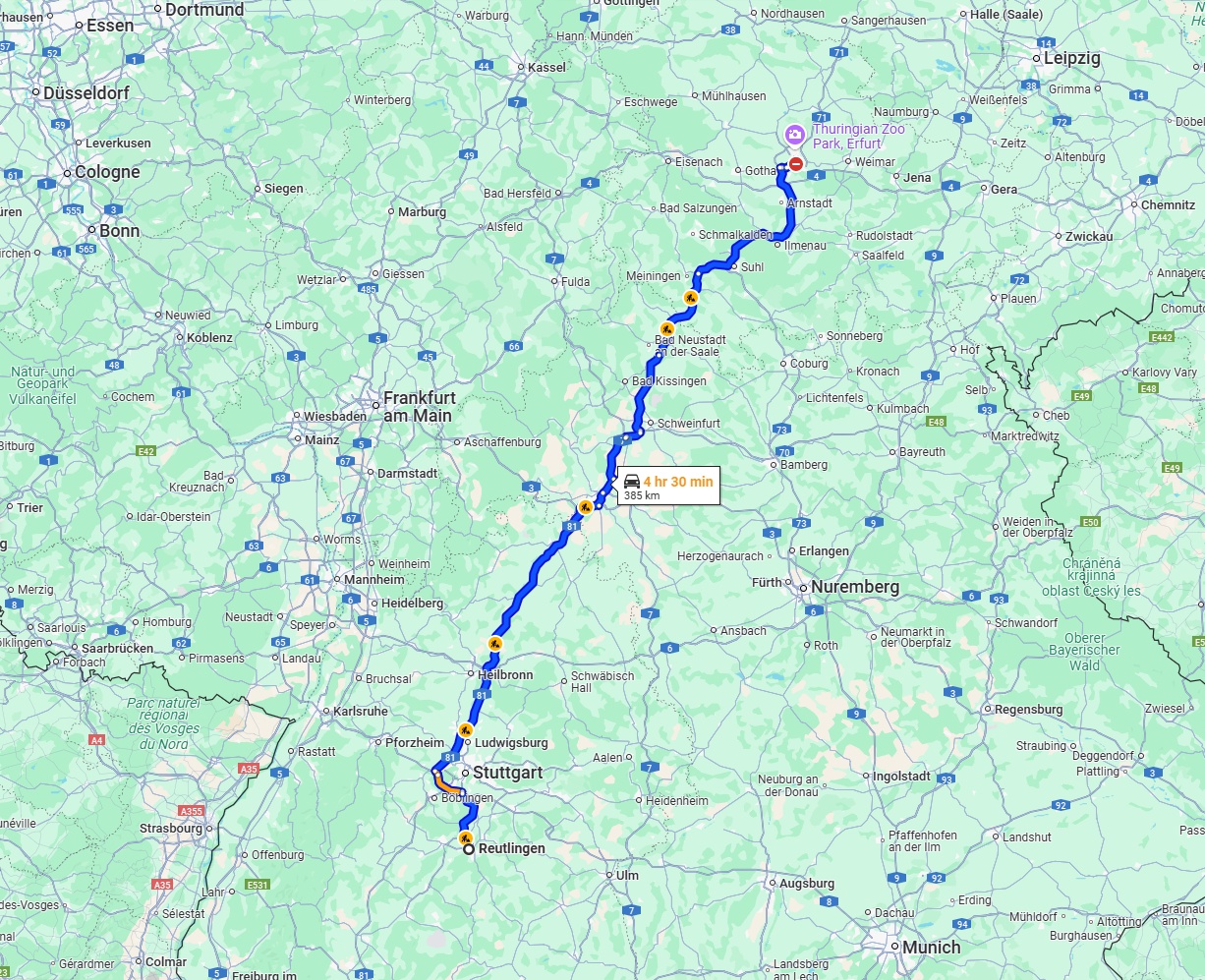 Anreise von Reutlingen Zu Erfurt Über via A81 and A71