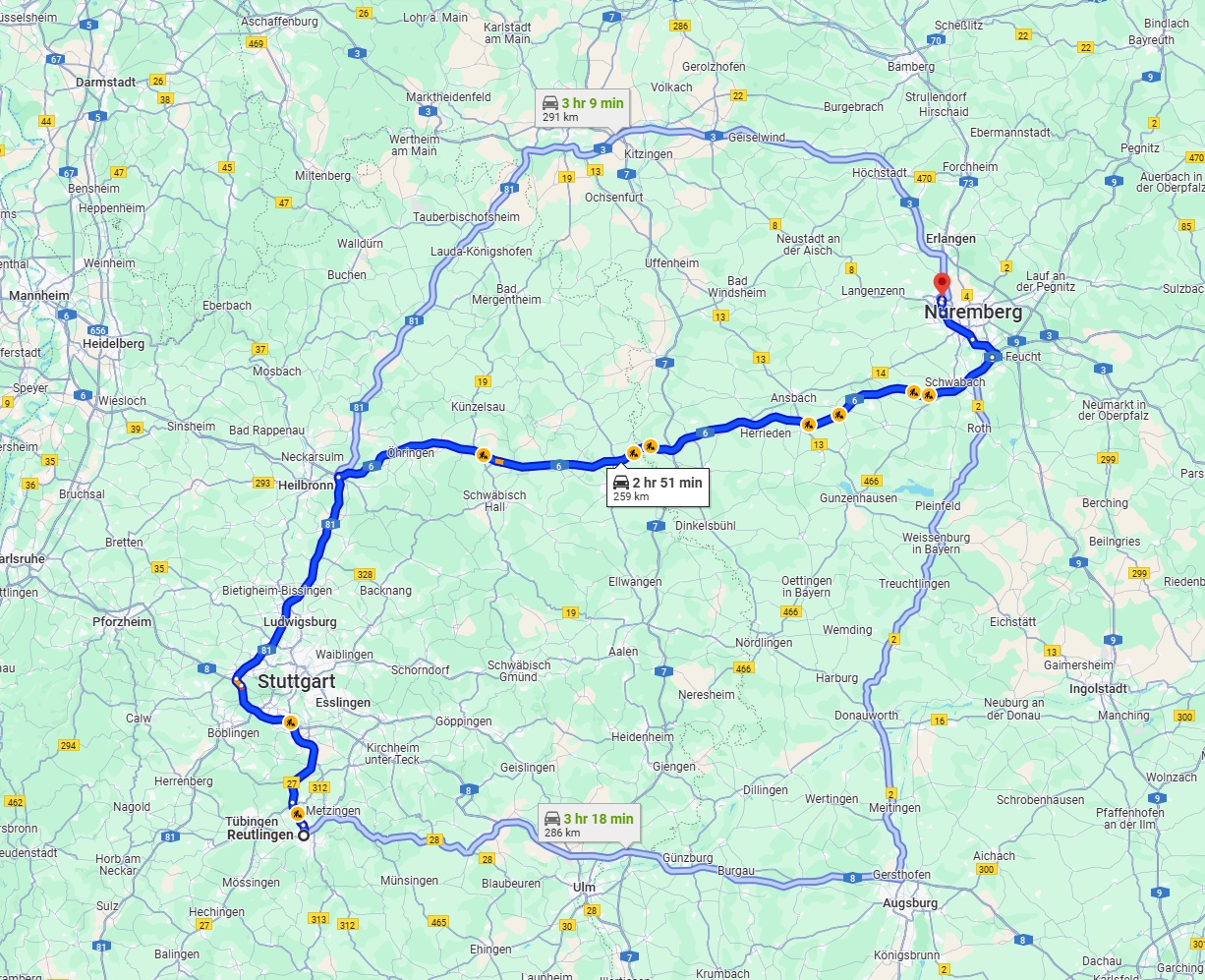 Anreise von Reutlingen Zu Fürth Über via A6