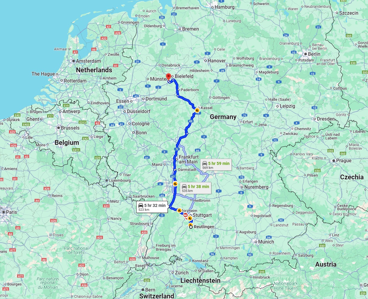 Anreise von Reutlingen Zu Gütersloh Über via A5
