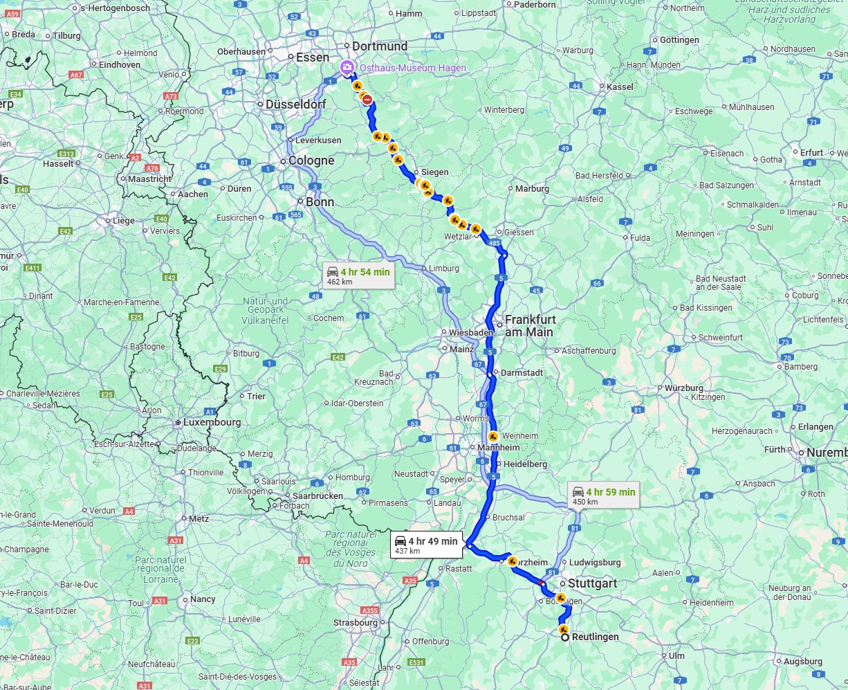 Anreise von Reutlingen Zu Hagen Über via A5 and A45