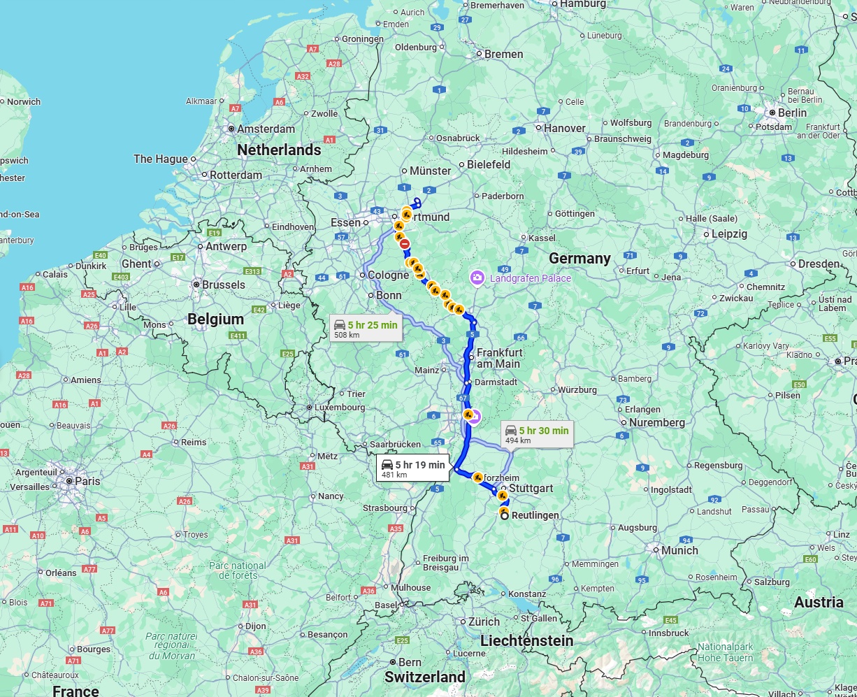 Anreise von Reutlingen Zu Hamm Über via A5 and A45