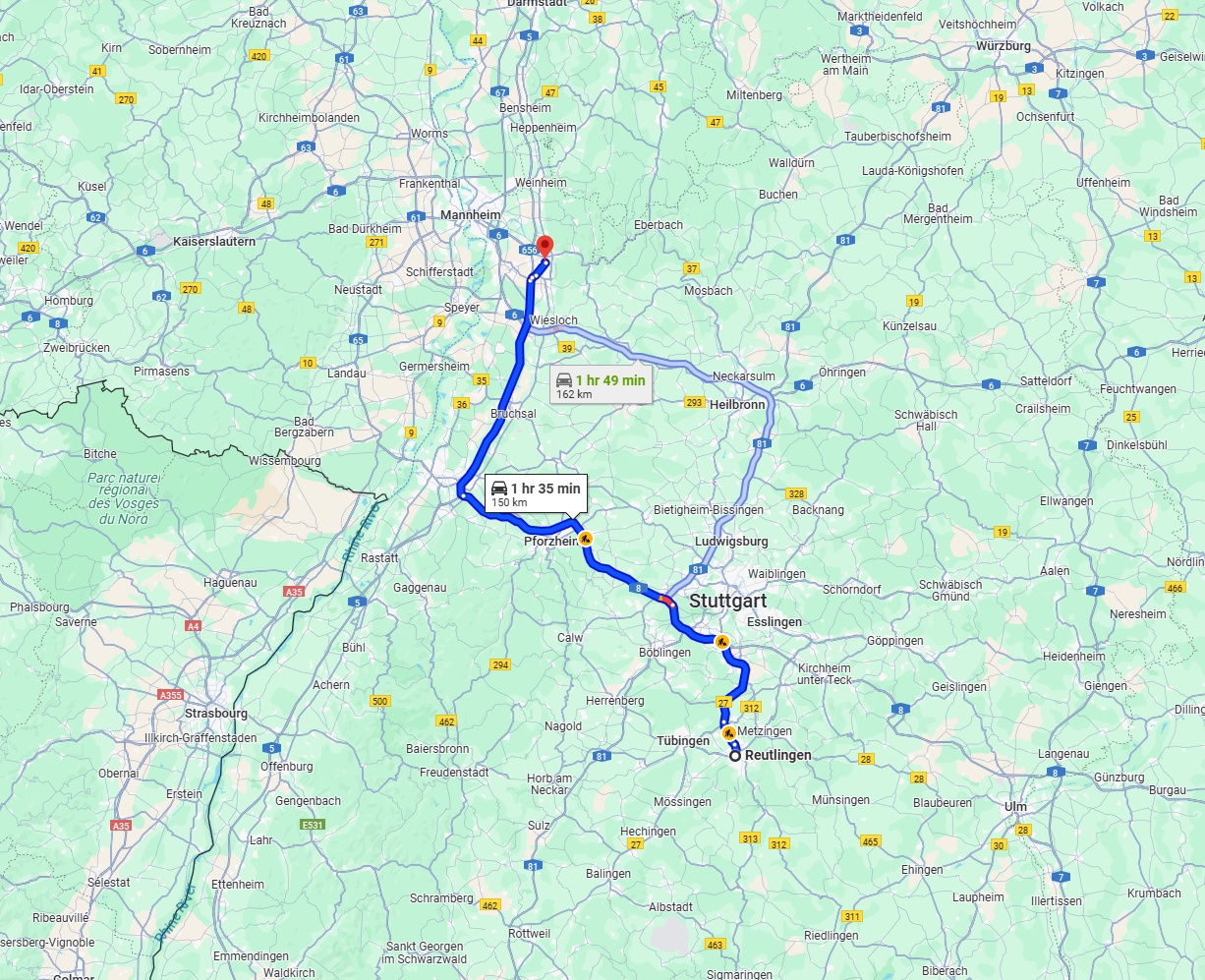 Anreise von Reutlingen Zu Heidelberg Über via A8 and A5