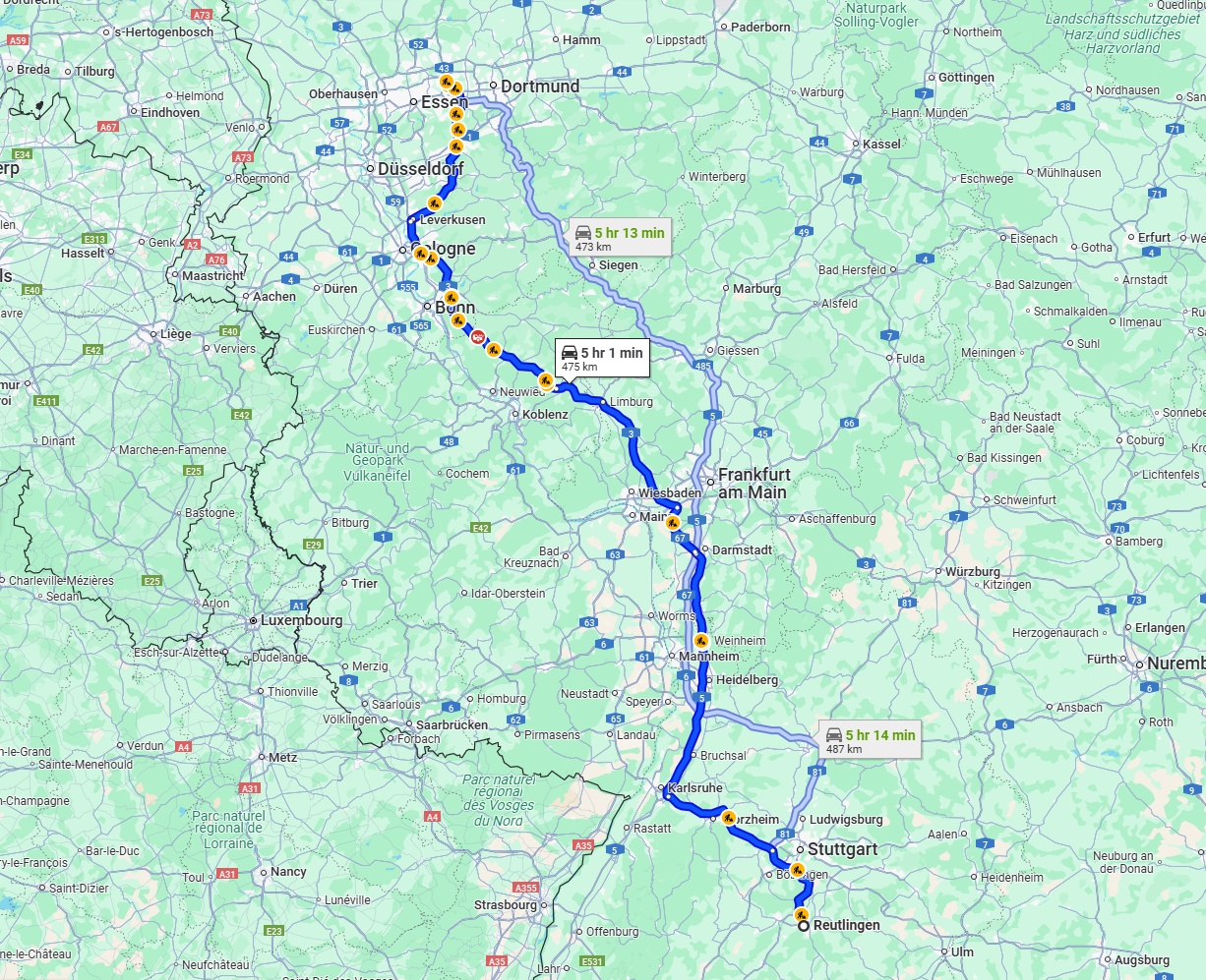 Anreise von Reutlingen Zu Herne Über via A3