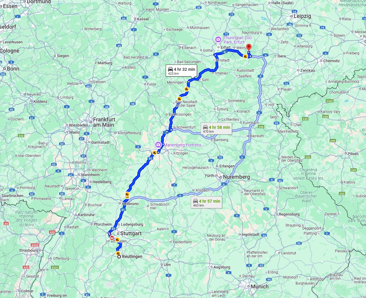 Anreise von Reutlingen Zu Jena Über via A81 and A71