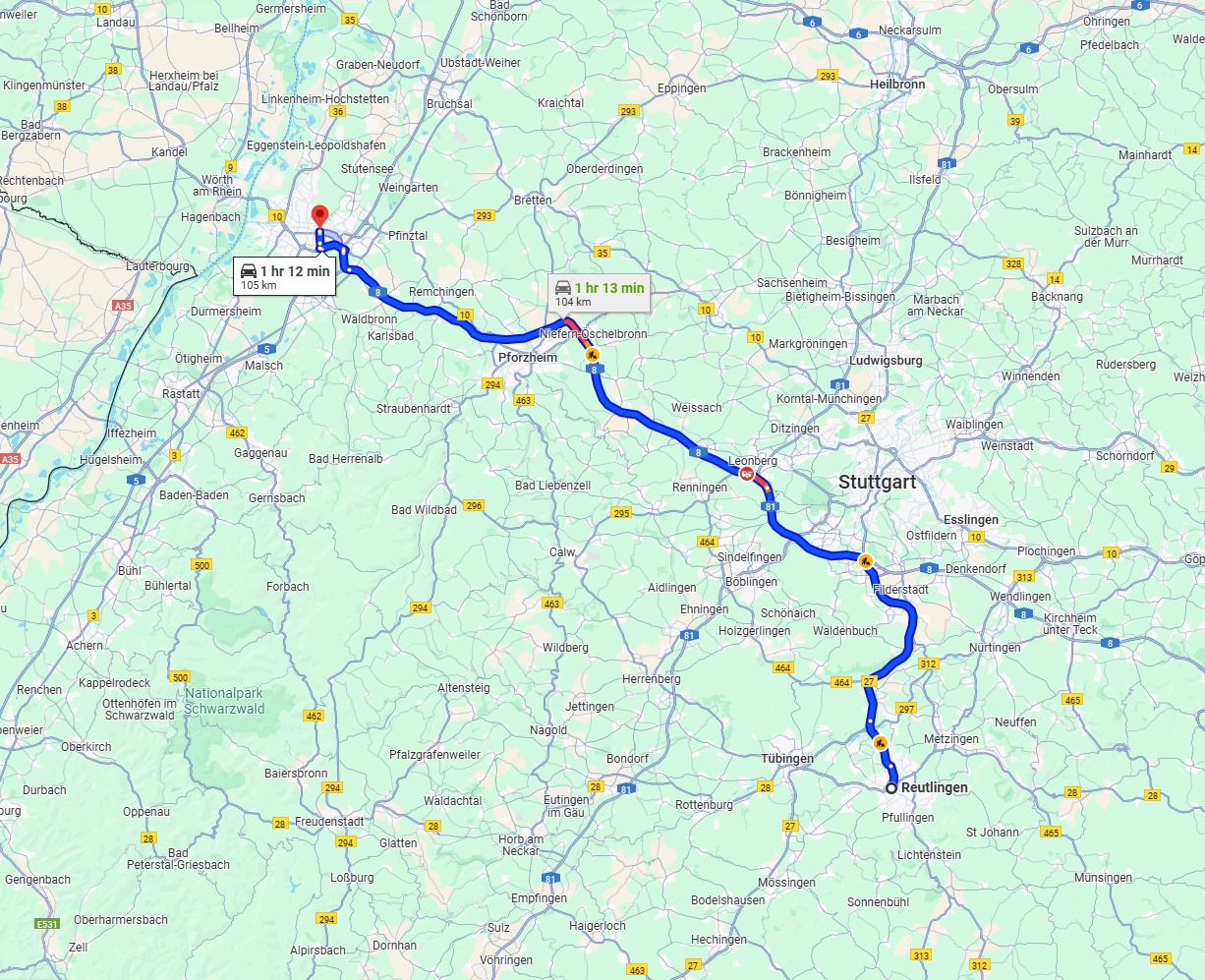 Anreise von Reutlingen Zu Karlsruhe Über via A8