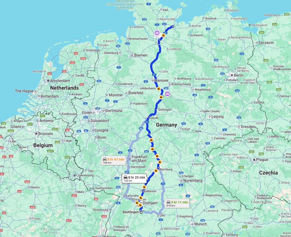 Anreise von Reutlingen Zu Lübeck Über via A7