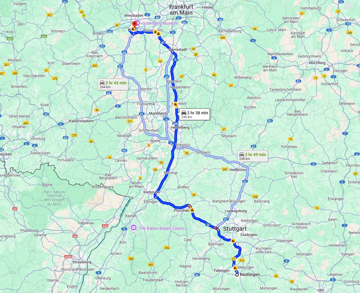 Anreise von Reutlingen Zu Mainz Über via A8 and A5