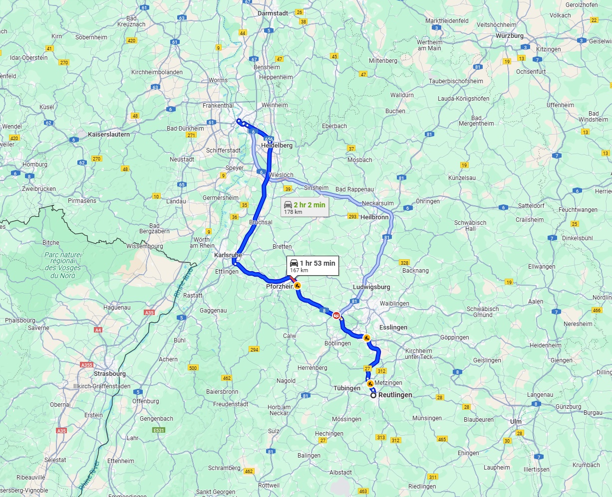 Anreise von Reutlingen Zu Mannheim Über via A8 and A5