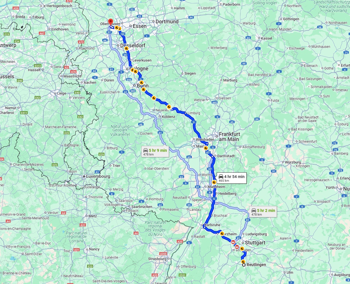 Anreise von Reutlingen Zu Moers Über via A3