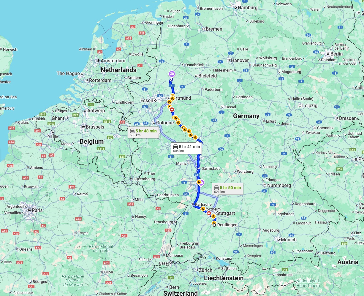 Anreise von Reutlingen Zu Münster Über via A5 and A45