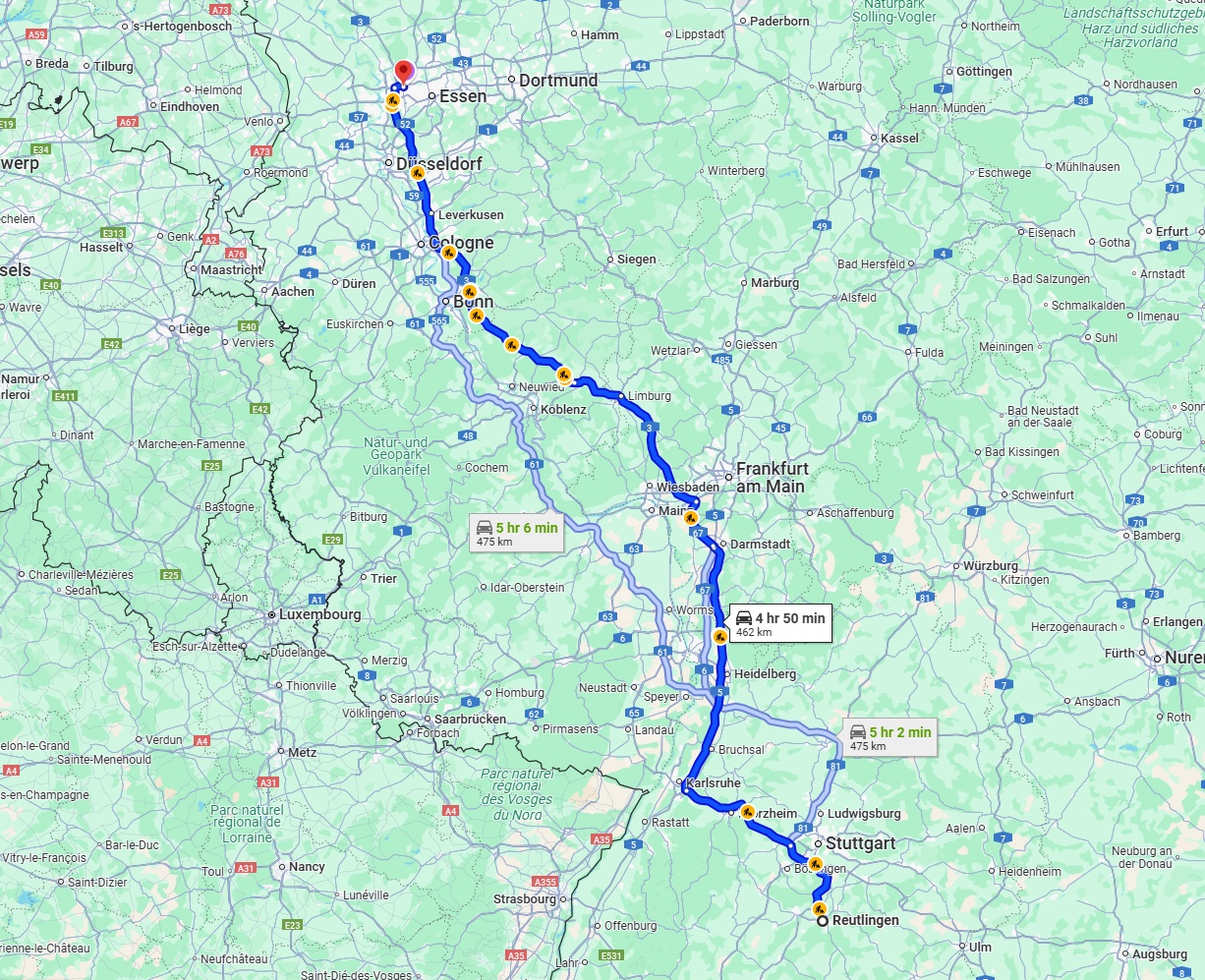 Anreise von Reutlingen Zu Oberhausen Über via A3
