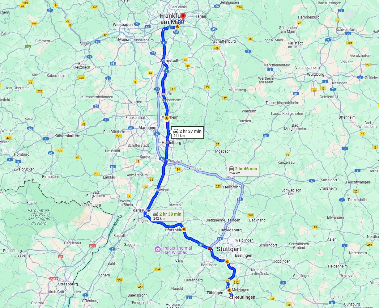 Anreise von Reutlingen Zu Offenbach am Main Über via A8 and A5