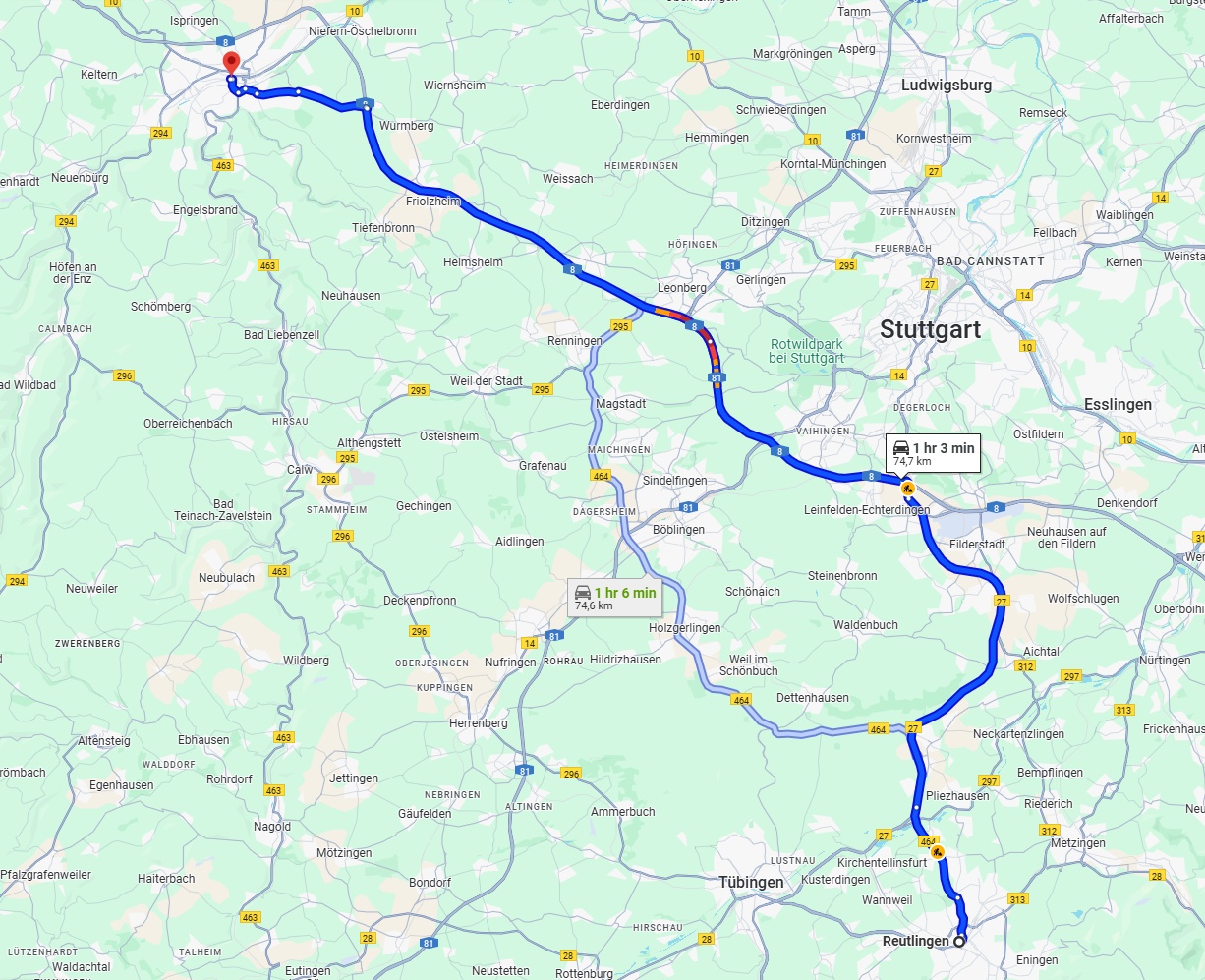 Anreise von Reutlingen Zu Pforzheim Über via B27 and A8