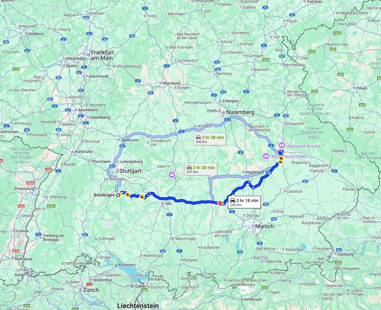 Anreise von Reutlingen Zu Regensburg Über via A8