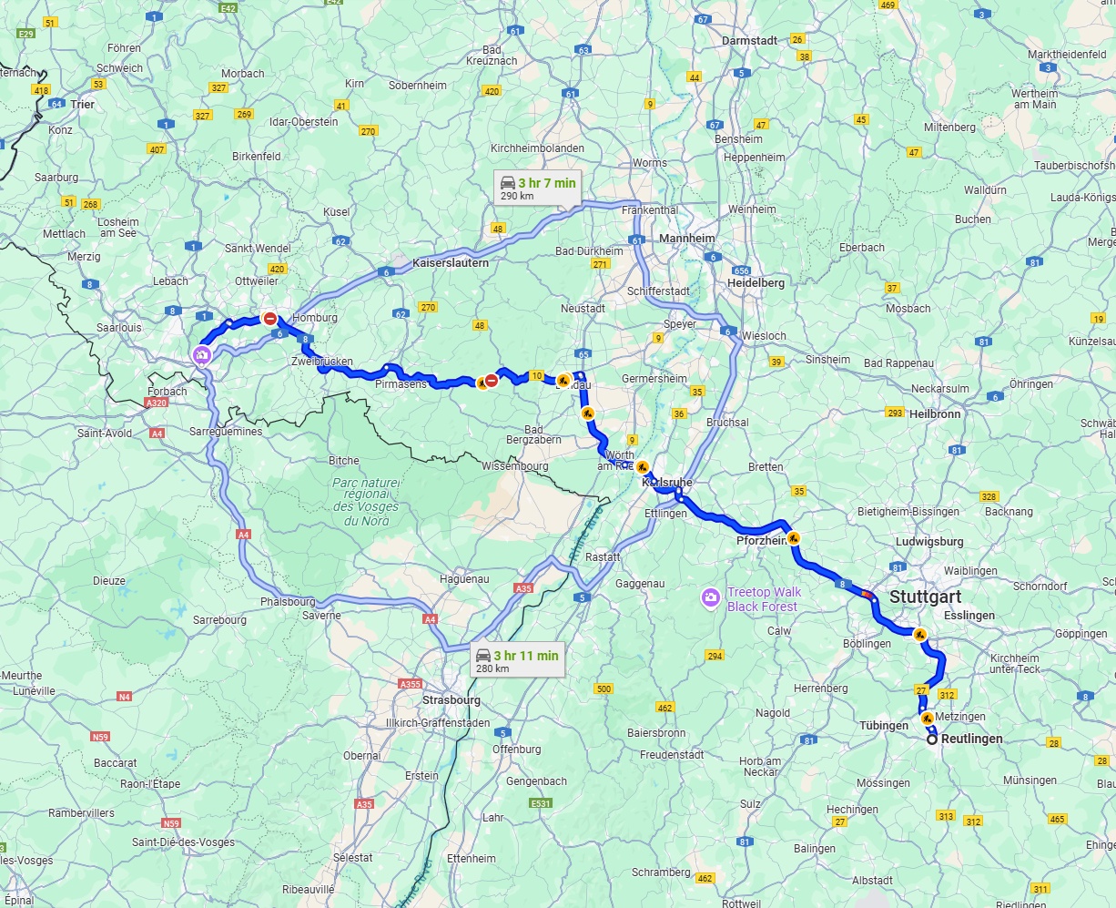 Anreise von Reutlingen Zu Saarbrücken Über via A8