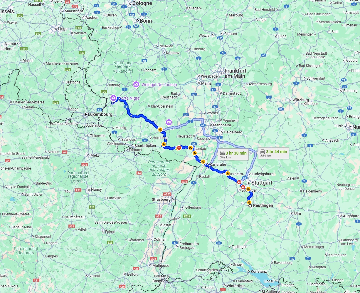 Anreise von Reutlingen Zu Trier Über via A62