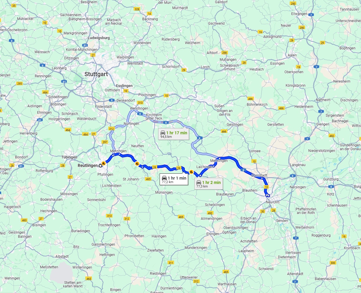 Anreise von Reutlingen Zu Ulm Über via B28