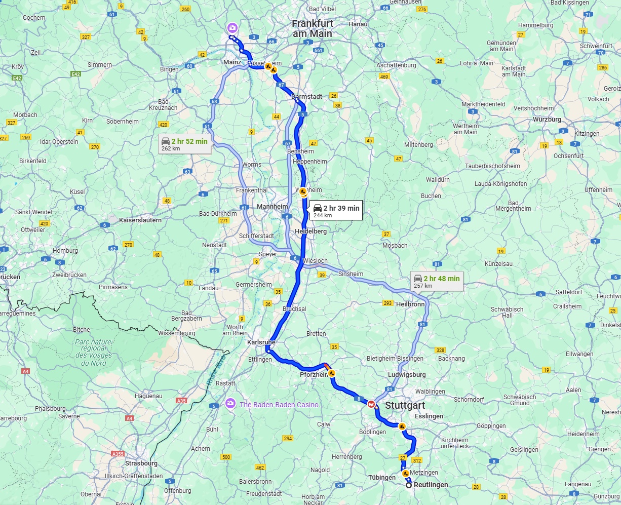 Anreise von Reutlingen Zu Wiesbaden Über via A8 and A5