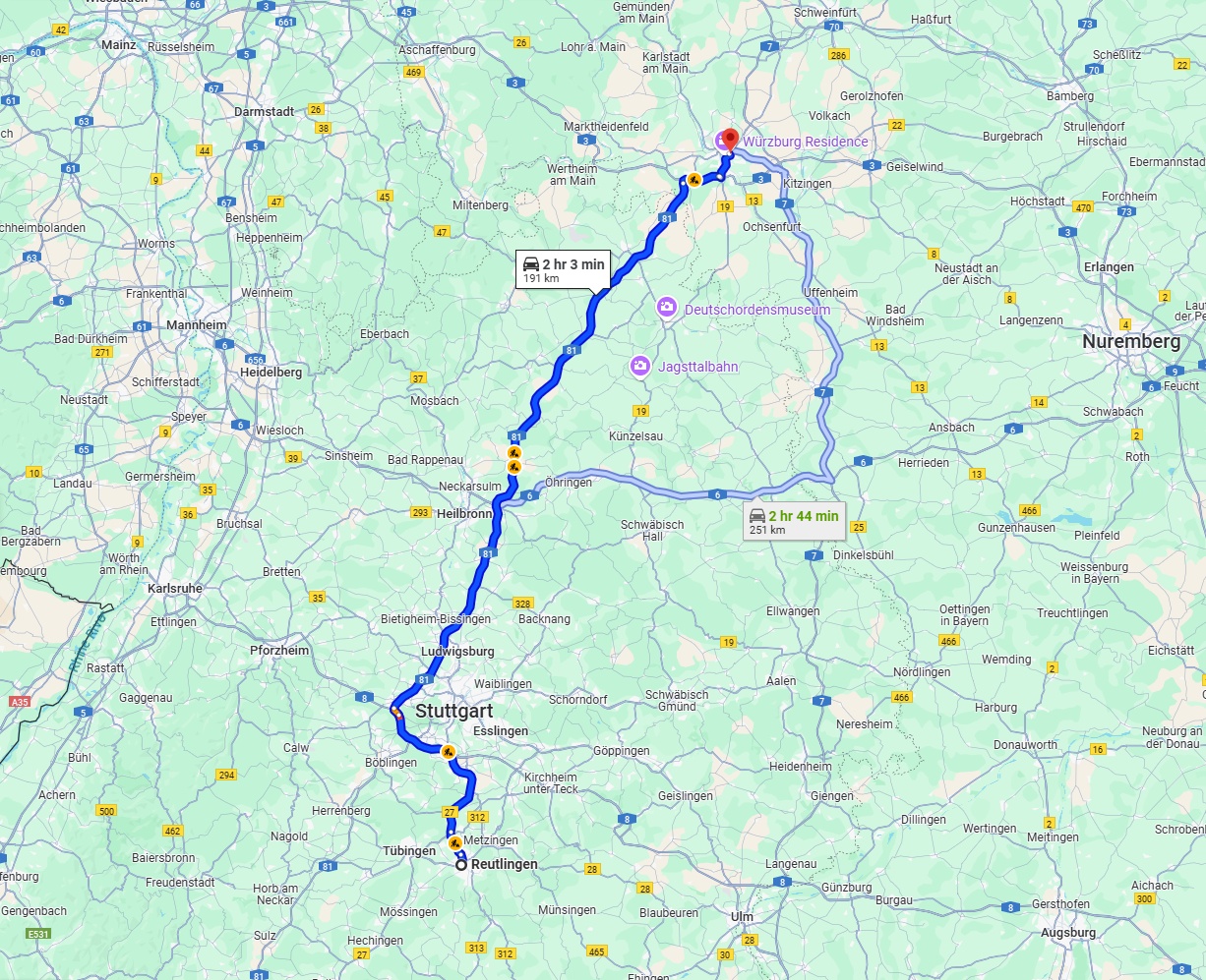 Anreise von Reutlingen Zu Würzburg Über via A81