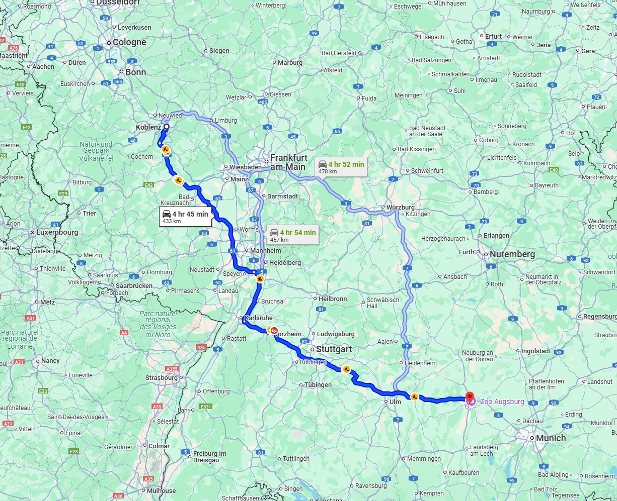 Anreise von Koblenz Zu Augsburg Über via A61 and A8