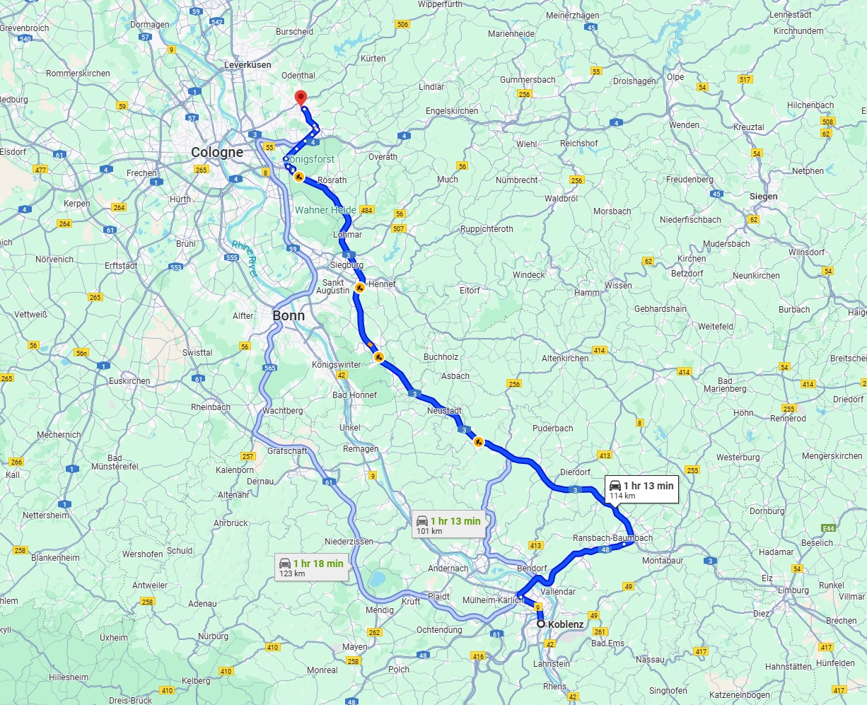 Anreise von Koblenz Zu Bergisch Gladbach Über via A3