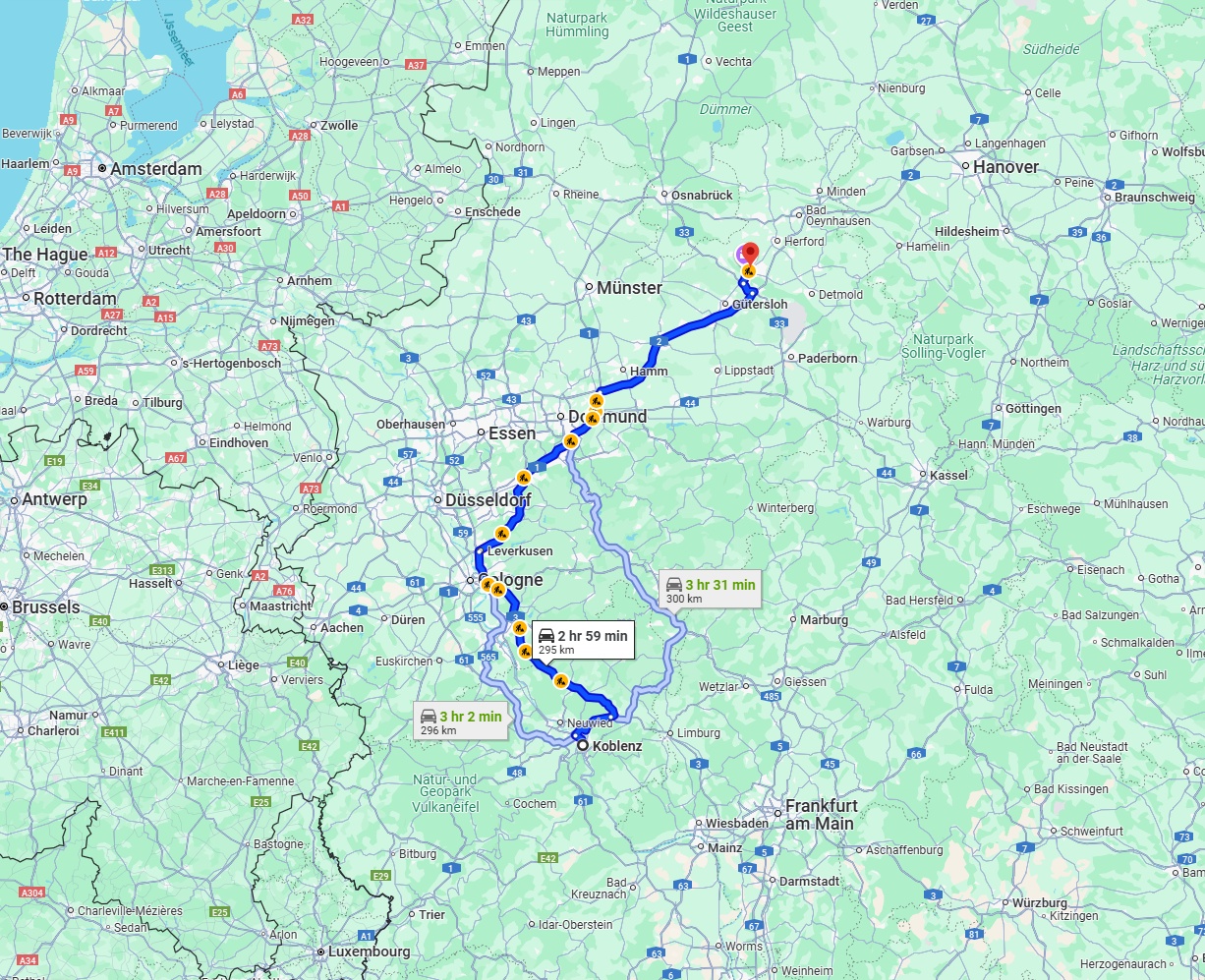 Anreise von Koblenz Zu Bielefeld Über via A3, A1 and A2