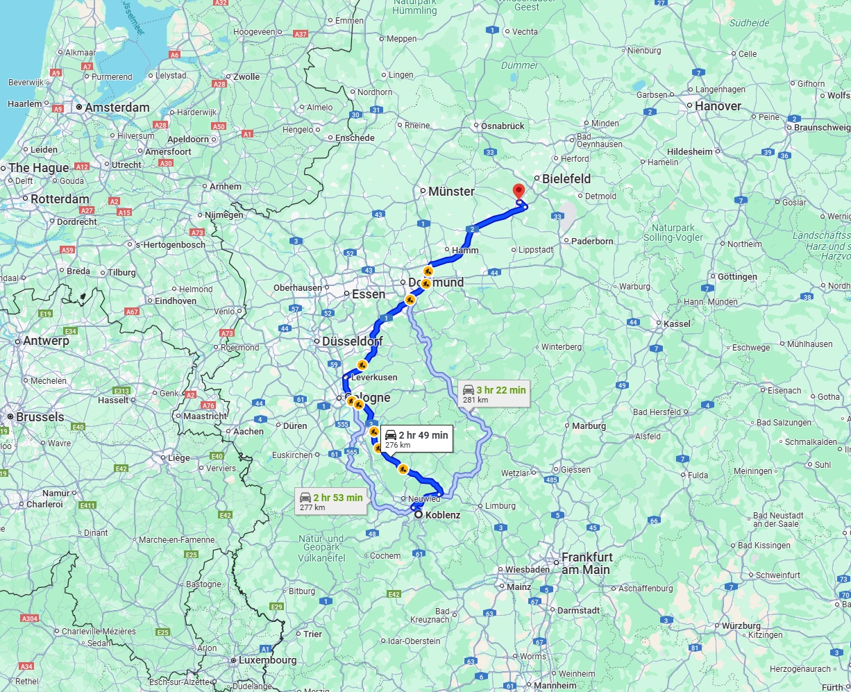 Anreise von Koblenz Zu Gütersloh Über via A3 and A1