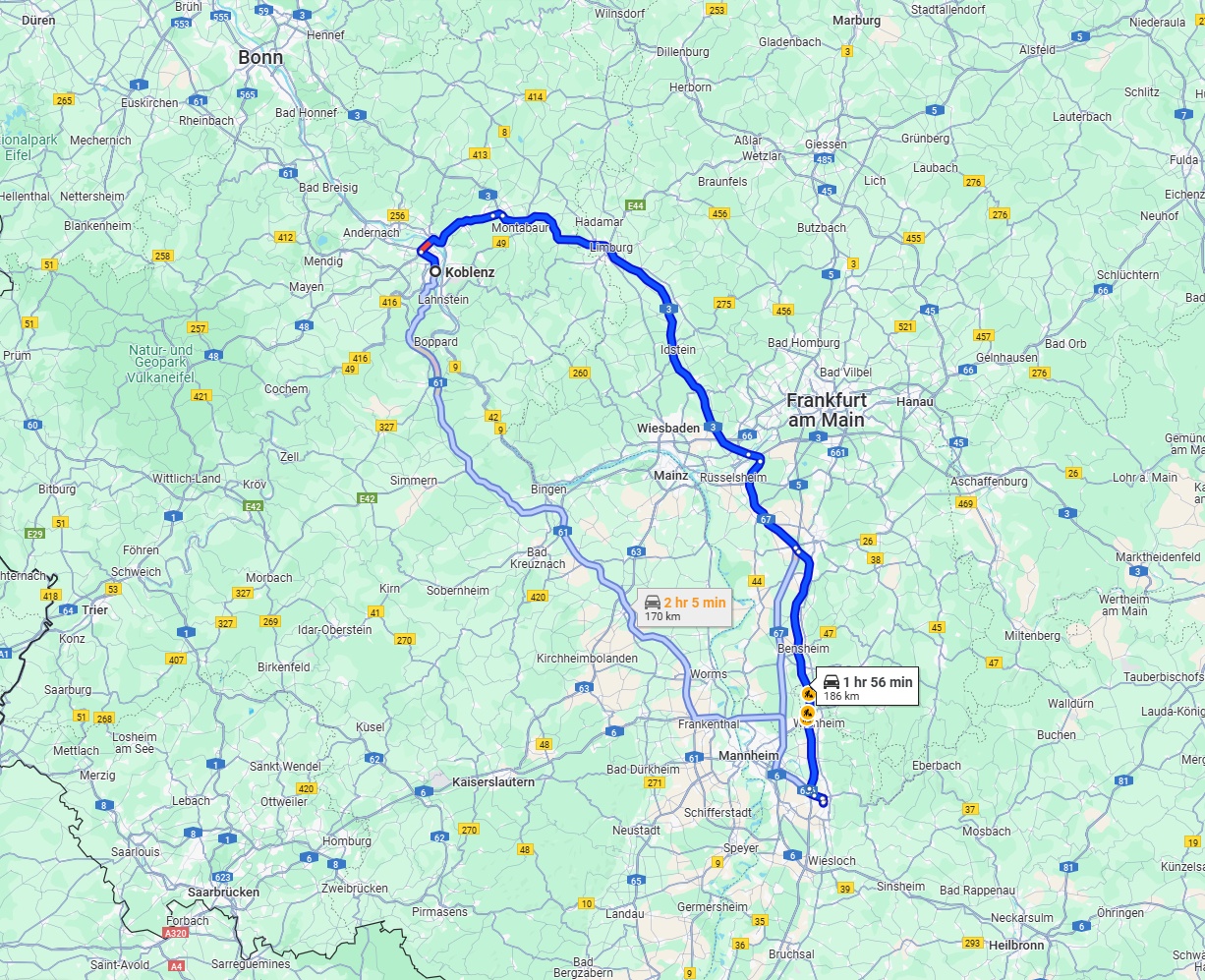 Anreise von Koblenz Zu Heidelberg Über via A3 and A5
