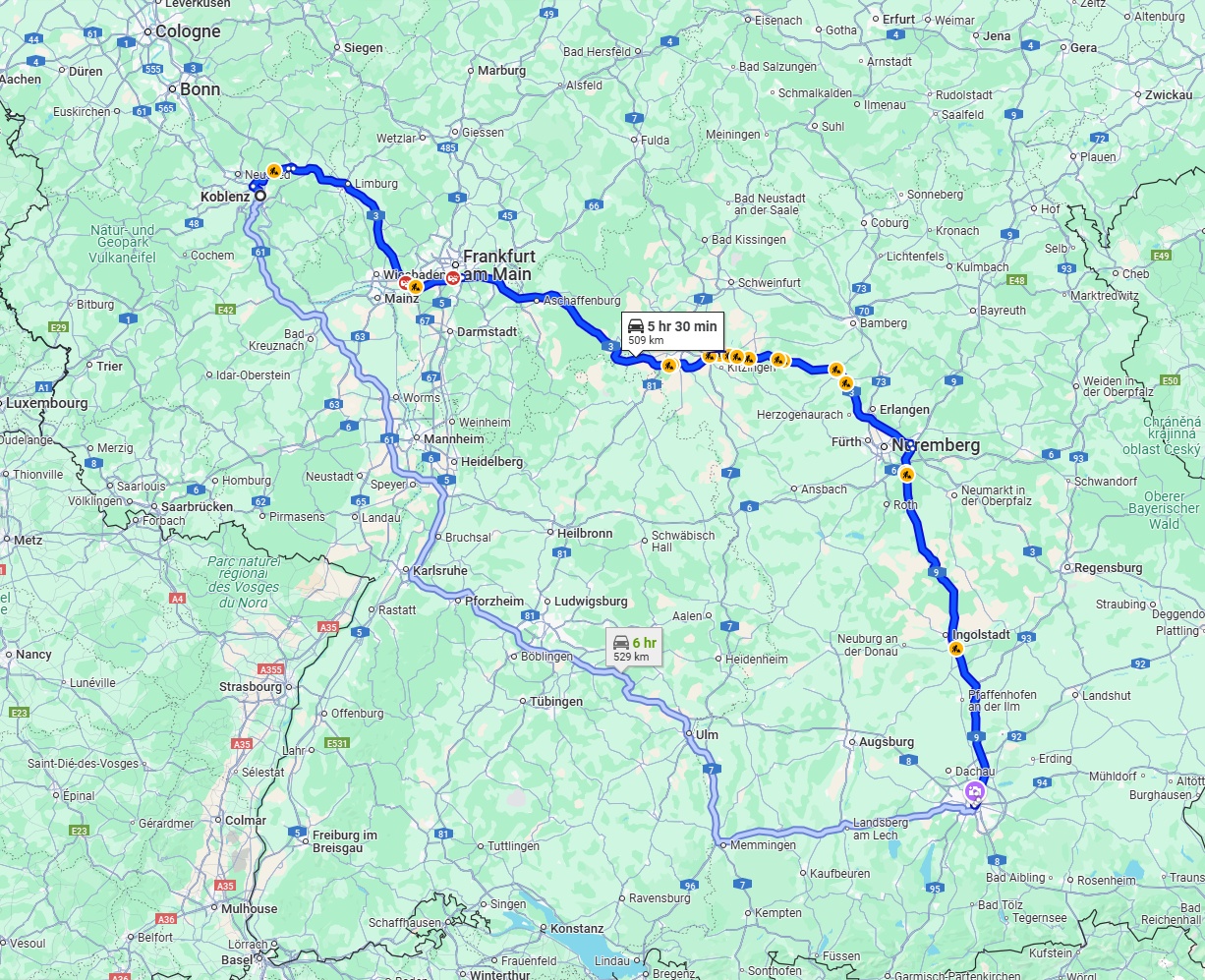 Anreise von Koblenz Zu München Über via A3 and A9