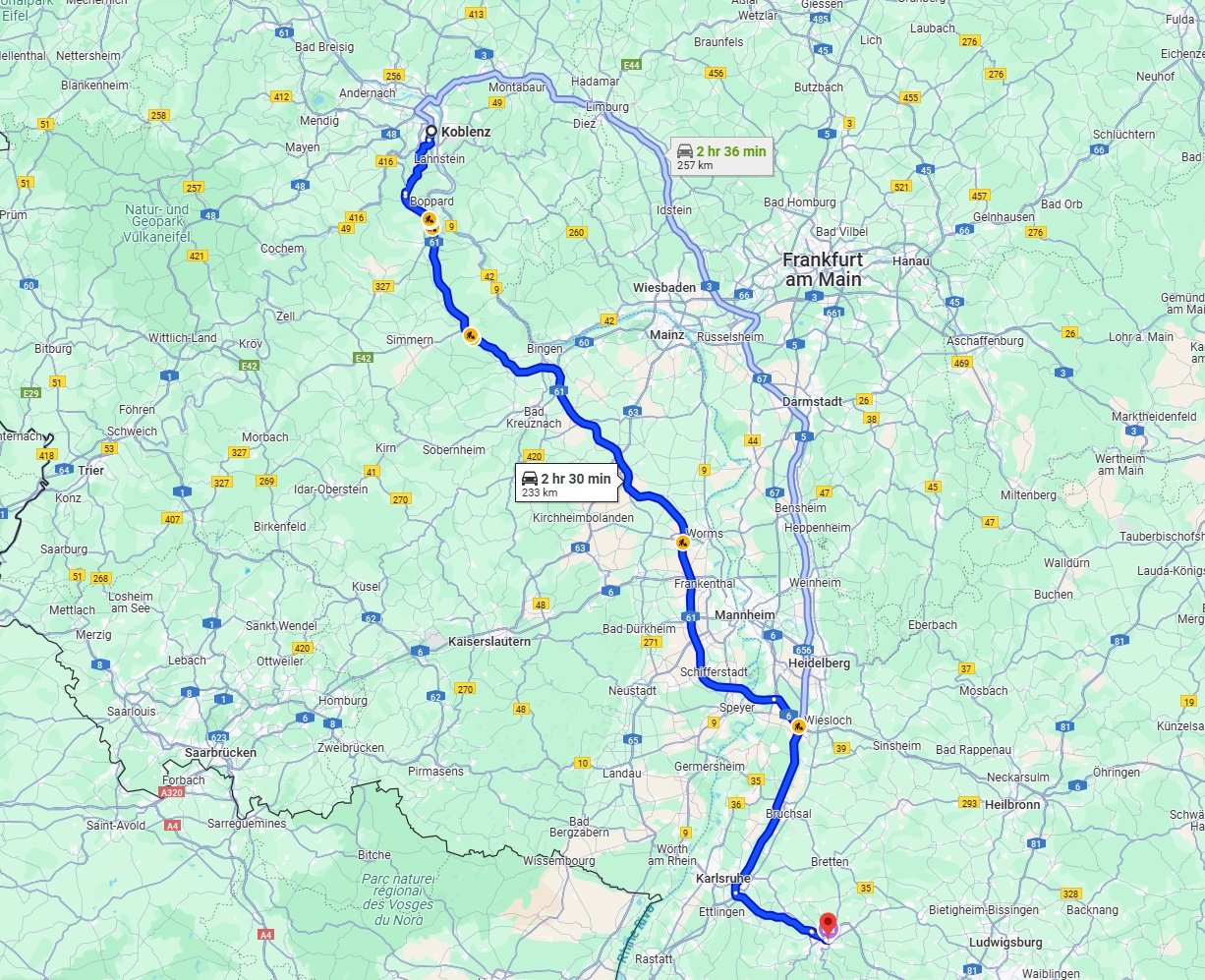 Anreise von Koblenz Zu Pforzheim Über via A61