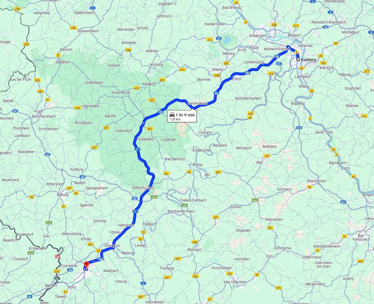 Anreise von Koblenz Zu Trier Über via A48 and A1