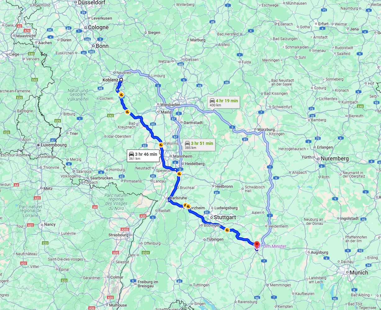 Anreise von Koblenz Zu Ulm Über via A61 and A8